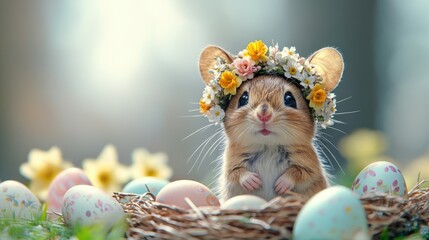 Naklejka premium Adorable mouse with flower crown surrounded by colorful easter eggs in a nest. Easter, Pascha, Paskha, Ostern, Pascua, Paques - Orthodox and Catholic Holiday celebration