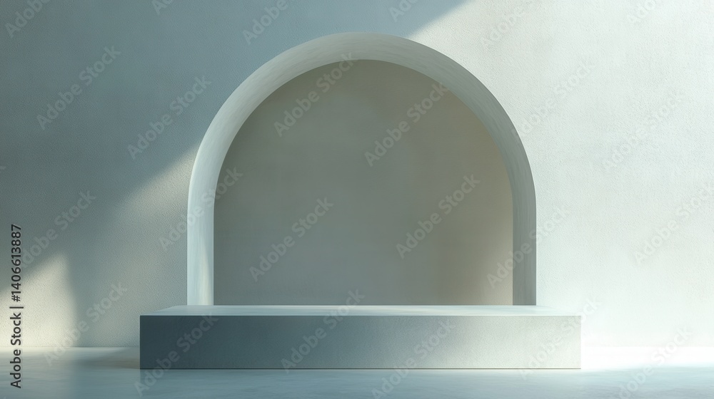 Poster a minimalist architectural space featuring a curved arch and a simple pedestal, illuminated by soft 