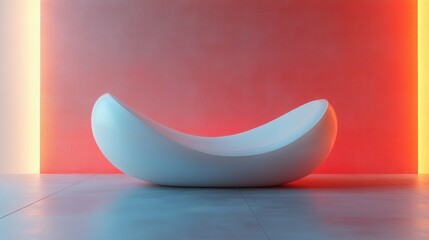 A stylish, minimalist white lounge chair against a vibrant, illuminated wall, showcasing modern design aesthetics.
