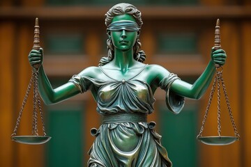 Obraz premium A statue of justice stands with a blindfold, holding scales in each hand, a symbol of fairness