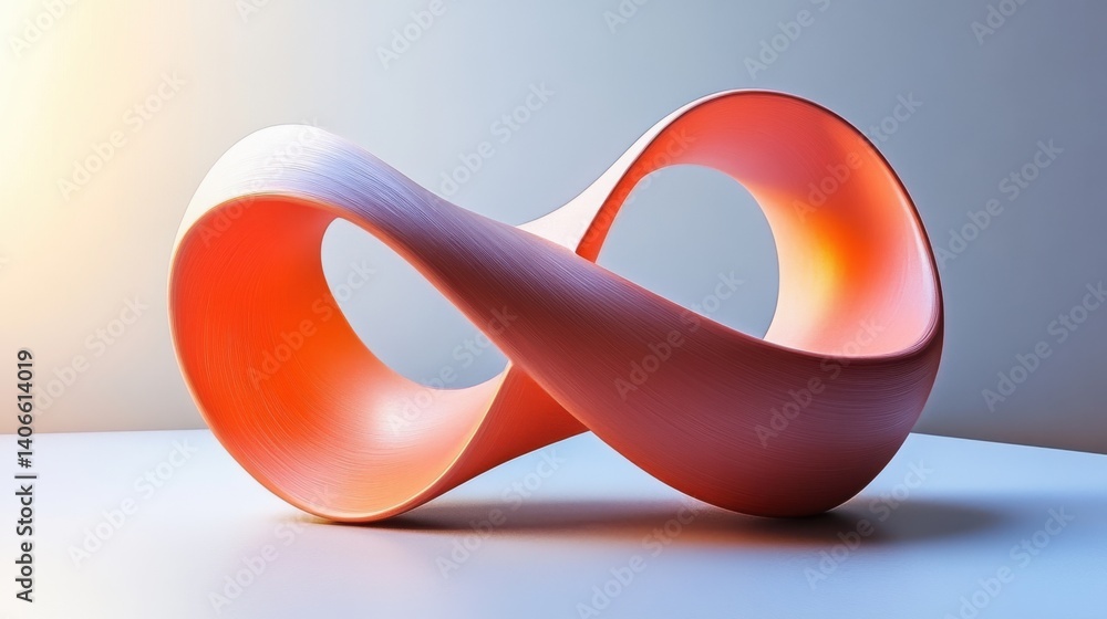 Poster a modern sculpture featuring a smooth, infinity-shaped design with a gradient of soft colors blendin