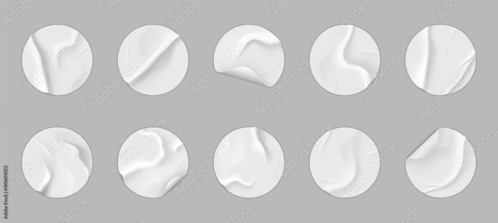 Poster paper sticker. round tape texture, white glued and wrinkle glossy tag. crumpled adhesive plastic lab