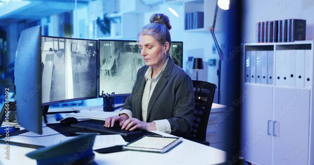 Poster woman, typing and surveillance by computer screen in office with strategy, notes and review. mature 