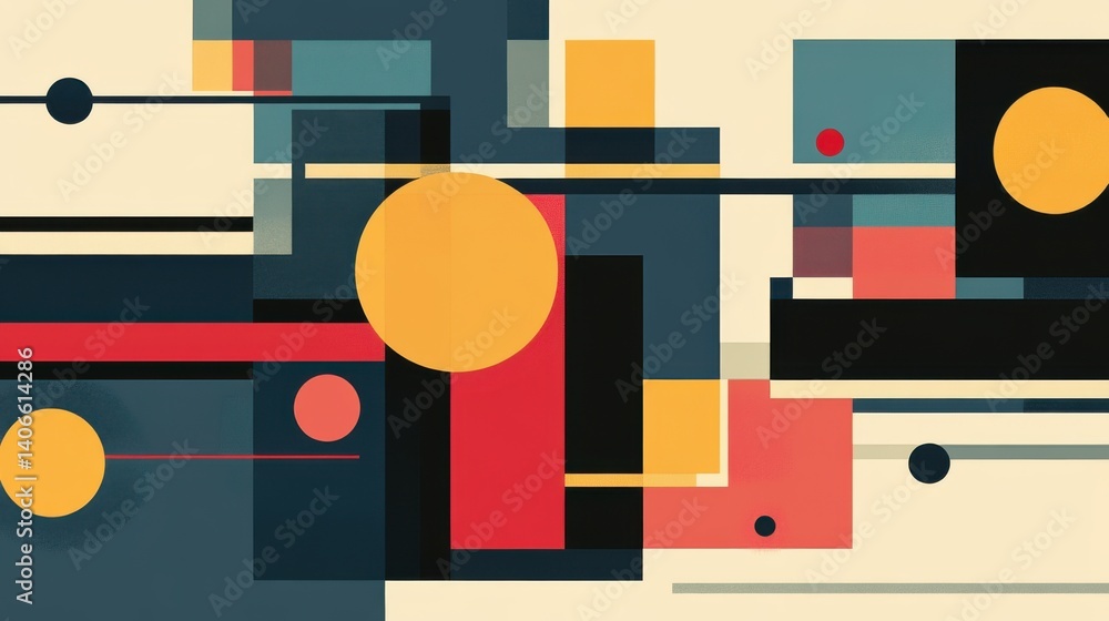 Poster a vibrant abstract composition featuring geometric shapes and a mix of colors, creating a modern vis