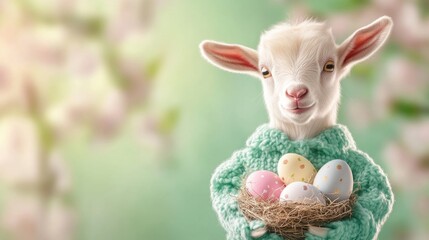 Cute baby goat holding easter eggs in nest against spring floral background. Easter, Pascha, Paskha, Ostern, Pascua, Paques - Orthodox and Catholic Holiday celebration