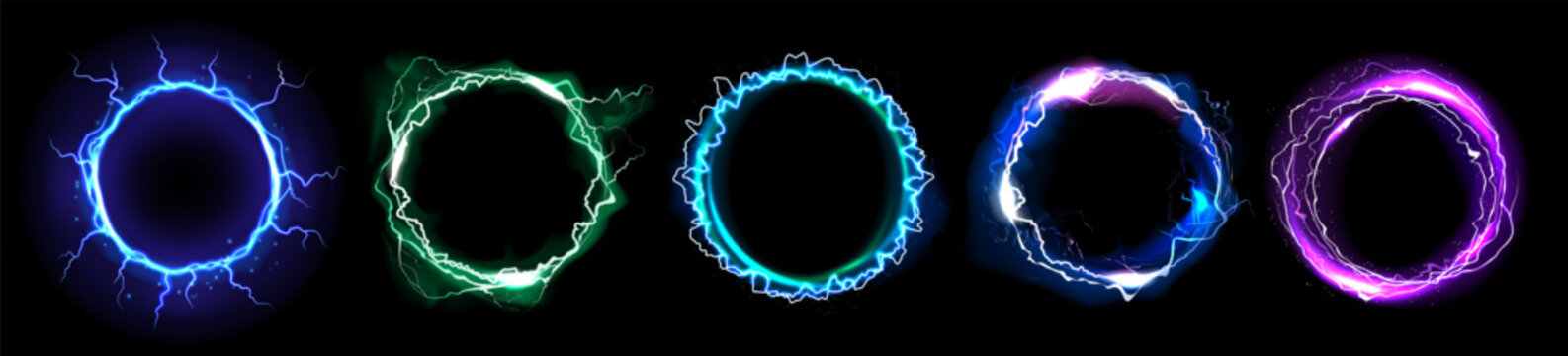 Energy light. Thunder light power. Black and blue storm bolt. Fantasy thunderbolt portal. 3D flare circle. Glowing rings. Electric explosion. Vector luminous lightning round frames set