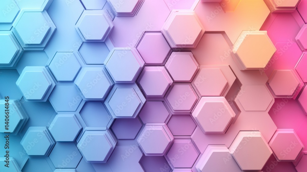 Poster a vibrant geometric pattern featuring hexagonal shapes in gradient hues of blue, pink, and purple, c