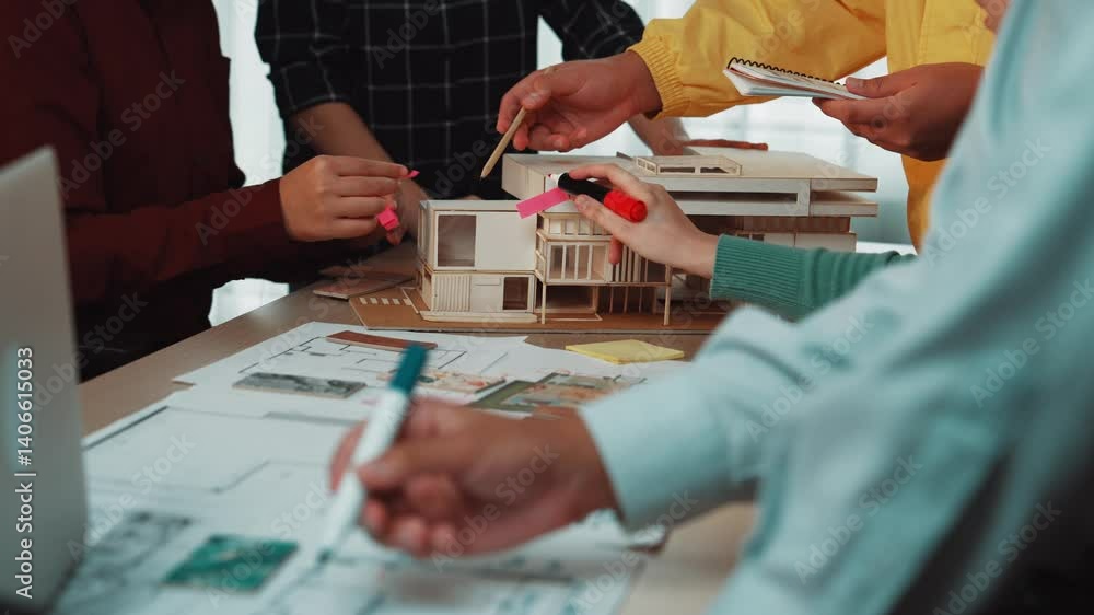 Poster a diverse team engages in a collaborative meeting focused on architectural designs, utilizing bluepr