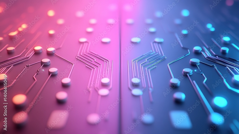 Poster a close-up view of a vibrant circuit board with intricate patterns and glowing elements in shades of