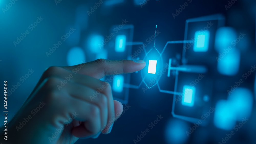 Poster futuristic hand interacting with digital data flow on touchscreen display in blue ambient light crea