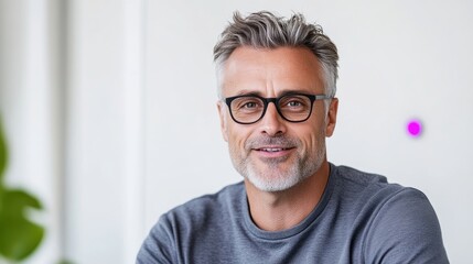 Obraz premium Middle-aged man with gray hair and glasses smiles