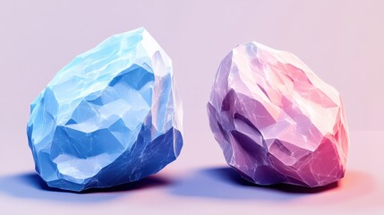 Fototapeta premium Two abstract, faceted rocks in blue and pink hues, showcasing a contemporary design with a digital texture against a soft gradient background.