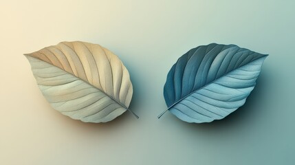 Two stylized leaves, one in warm tones and the other in cool tones, set against a gradient background, showcasing intricate vein patterns and texture.