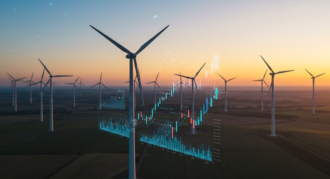 Aerial View of Wind Turbines at Sunset with Overlay of Stock Market Charts, Representing Green Energy and Investment - Powered by Adobe