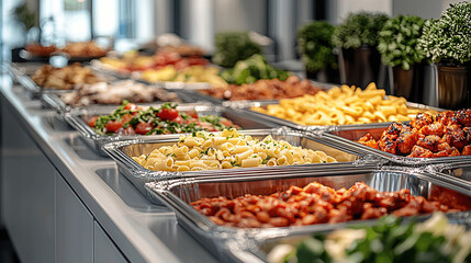 Obraz premium buffet style catering set featuring variety of delicious dishes, including pasta, salads, and meats, arranged neatly silver trays. vibrant colors and fresh ingredients create inviting atmosphere