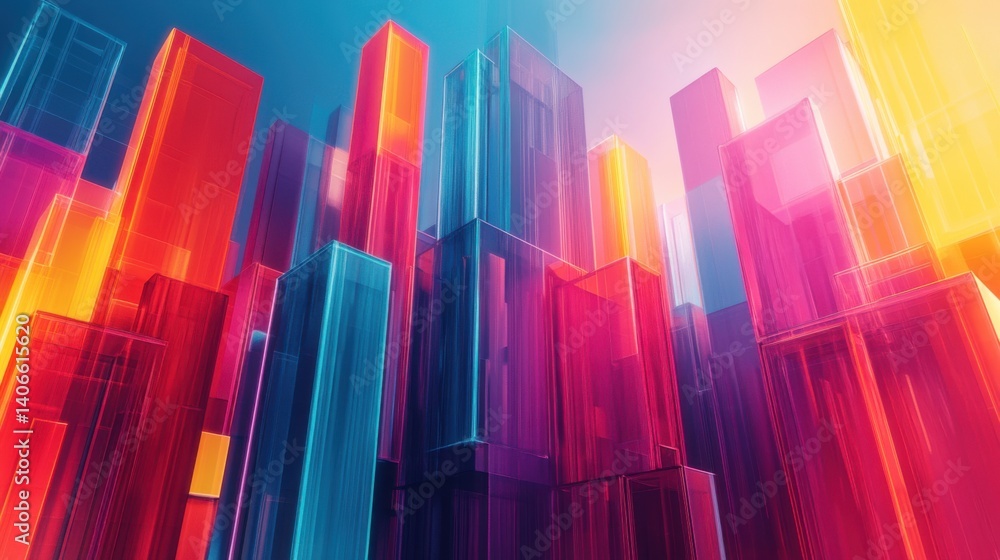 Aufkleber a vibrant, abstract cityscape featuring colorful, translucent structures creating a dynamic and futu