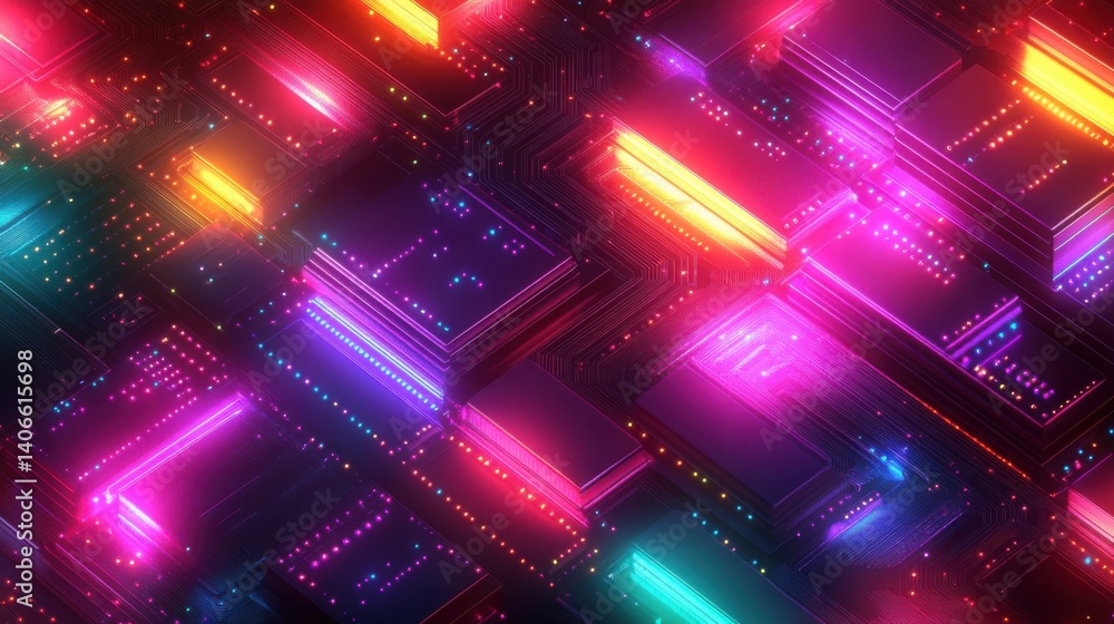 Poster a vibrant digital landscape of illuminated circuitry, showcasing colorful lights and intricate patte