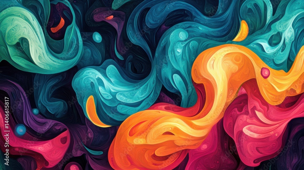 Poster an abstract swirl of vibrant colors blends fluidly against a dark background, creating an energetic 