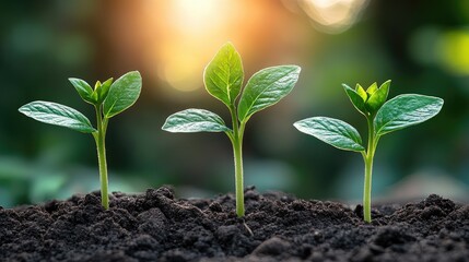 Three green seedlings emerge from rich soil under soft sunlight, symbolizing growth and new beginnings