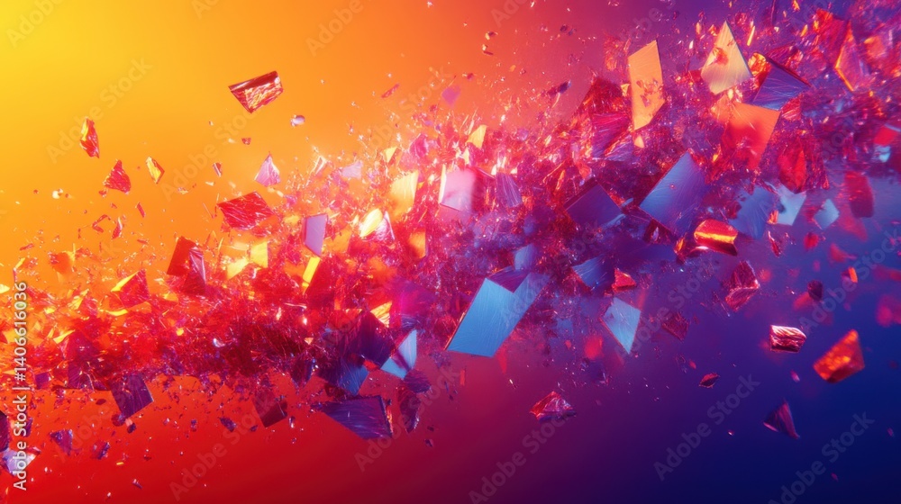 Poster a vibrant explosion of colorful shards, blending reds, oranges, and blues, creating a dynamic and ab