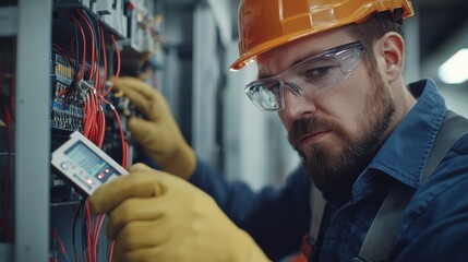 Electrician testing circuit connections in a newly built office space. Featuring troubleshooting and safety