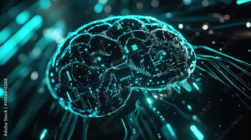 Poster a futuristic representation of a brain with a network of glowing connections, symbolizing technology
