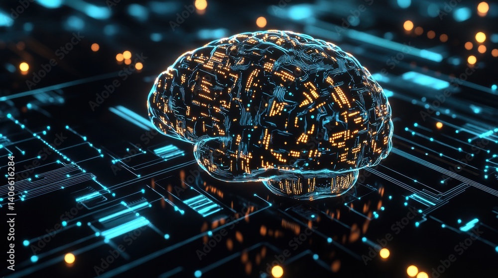 Poster a digital representation of a brain, illuminated with circuitry, set against a backdrop of glowing l