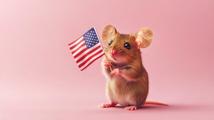 Cute mouse holding american flag on pink background. Independence Day, Fourth of July, July 4th - American Freedom Celebration, US National Holiday USA