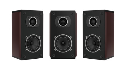 Naklejka premium Music speaker. Audio recorder. Sound loudspeaker system. Black stereo acoustics. Disco woofer front side. Studio bass. Multimedia electronic equipment. Vector 3D boombox objects set
