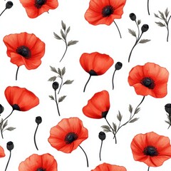 Red Poppies Watercolor Seamless Pattern White Background