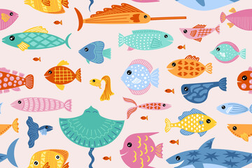 Fish pattern. Cute childish funny background, summer marine texture or scandinavian sea animal kids print. Decor textile, wrapping paper. Underwater characters. Vector seamless wallpaper