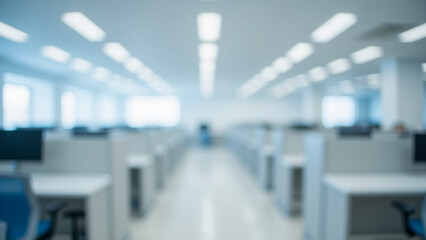 Fototapeta premium Modern office space with blurred desks, light-filled atmosphere, empty workstations for remote employees, professional environment, seamless design