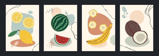 Fruit poster. Abstract background with lemon, organic watermelon, fresh banana and sweet coconut. Summer tropical food. Vertical banner design. Vector cartoon flat isolated illustration