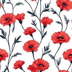 Seamless Red Poppies Floral Pattern on White Background