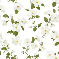 Fototapeta premium Seamless White Flower Pattern with Green Leaves