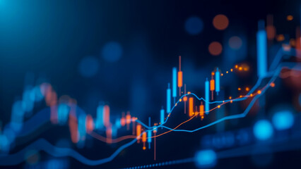 Abstract financial chart showing dynamic stock market trends with glowing candlesticks and network connections in a blue tone background