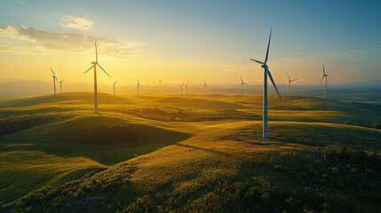 Obraz premium Aerial view of wind turbines on rolling hills at sunset. Possible use Sustainable energy, renewable resources, environmental conservation