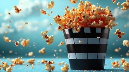 Cinematic popcorn explosion with film-themed bucket against blue sky background