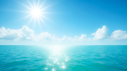 Bright Sunlight Reflecting Over Calm Ocean Waves Under Clear Blue Sky with Fluffy Clouds and Peaceful Atmosphere Perfect for Relaxation