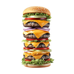 A tall stacked burger with multiple layers of patties cheese lettuce tomatoes
