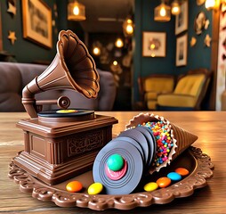 A vintage-style chocolate gramophone with edible records, perfect for music-themed parties or nostalgic treats.  