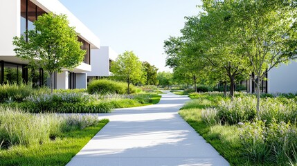 Modern homes lush greenery peaceful residential neighborhood walkway