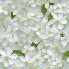 Fototapeta premium White Flower Floral Pattern with Green Leaves on Light Background