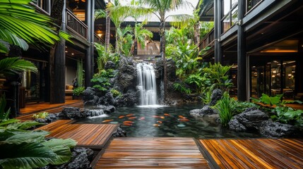 Naklejka premium Serene Tropical Oasis with Waterfall and Lush Greenery in Luxury Hotel