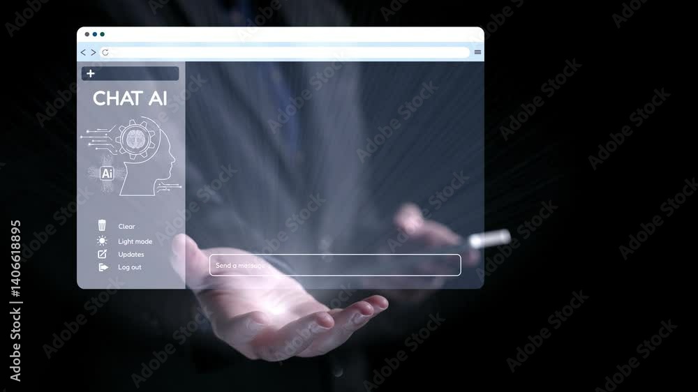Poster hands of a business professional hold a digital display showcasing a chat ai interface, illustrating