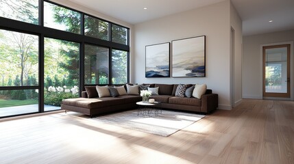 Fototapeta premium Modern minimalist living room interior design with large windows and neutral color palette