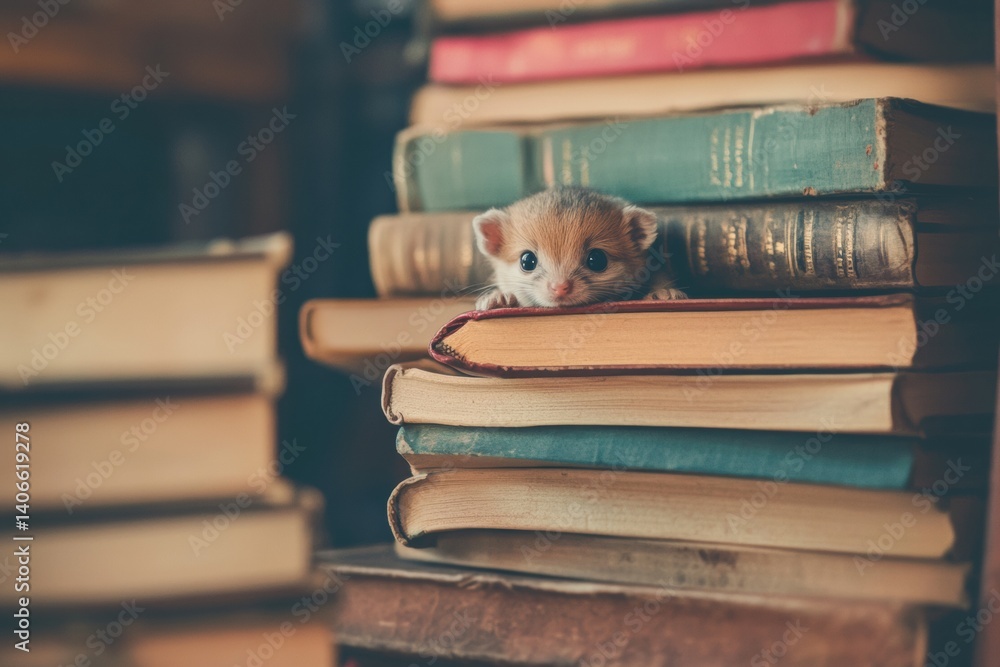 Poster charming stack of books with tiny animals peeking out in a serene reading setting