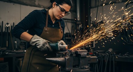 Focused Female Blacksmith Using Angle Grinder on Metal in Workshop, Sparks Flying, Craftsmanship, Industry