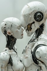 Fototapeta premium a white minimal design robot, creating another robot, in tech background, cinematic