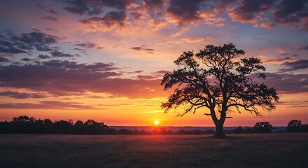 Fototapeta premium Solitary Oak at Sunset: A Serene Landscape Painting